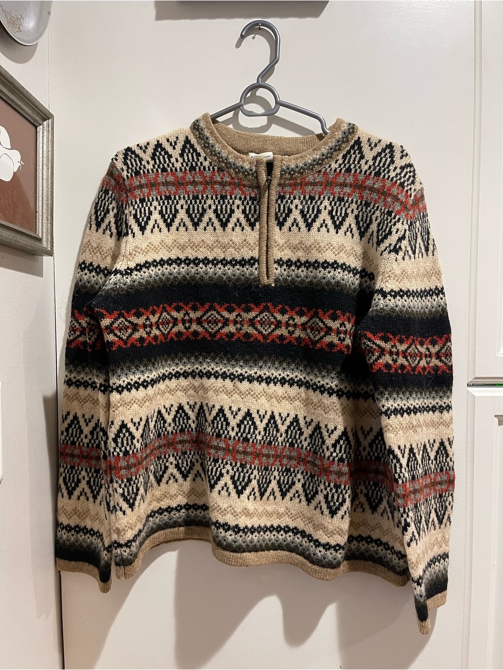 Telluride Clothing co Women quarter zip 100% wool sweater Nordic Fair Isle Sz L